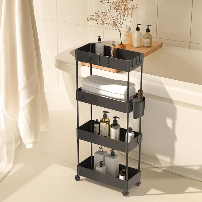 Pipishell 4 Tier Slim Storage Cart with Wheels, Laundry Cart, Black | 7.1 inch Wide - Fits Narrow Spaces, Storage Cup and 6 Hooks, Ventilation Holes, Durable ABS Material, Detachable Wheels - Image 7
