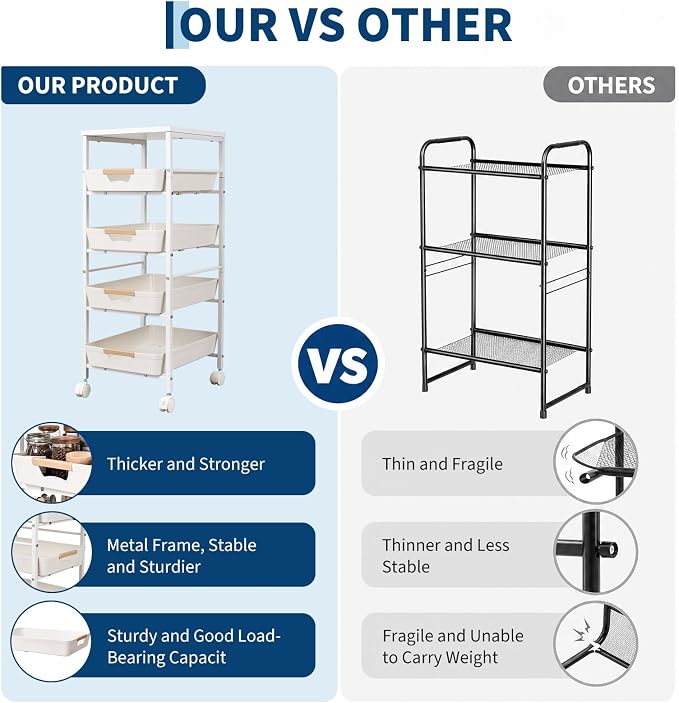 Garvee 5-Tier Slim Rolling Storage Cart, 12.6" Wooden Top Narrow Kitchen Carts on Wheels with Pull-Out Baskets, Mobile Shelving Unit Organizer for Kitchen, Bathroom, Laundry Room, Small Spaces - Image 5