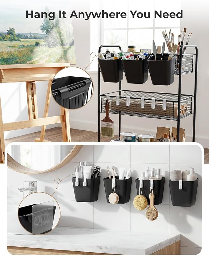 4 Pack Rolling Cart Accessories, Black Craft Cart Cup Holder and 6 Hooks for Utility Carts, Adhesive Kitchen Cabinet Door Storage, Space-Saving Wall Mount Organizer for Bathroom, Office, Makeup - Image 5