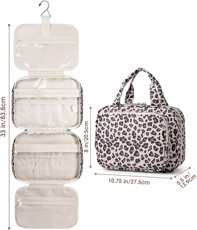 Narwey Hanging Toiletry Bag for Women, Travel Makeup Bag Organizer, Dry Wet Separation, Portable Bathroom Travel Bag for Toiletries, Cosmetics, Essentials, Brushes (Leopard) - Image 9