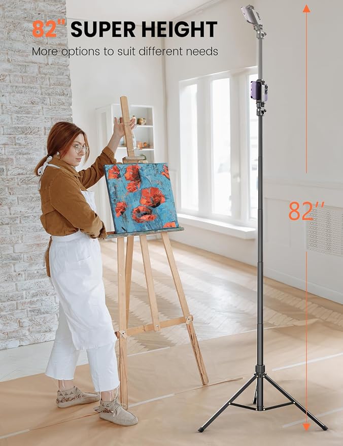 71'' Phone Tripod Stand, Extendable Reinforced Aluminum Phone Stand with Wireless Remote, Stable Cellphone Tripod (210cm-Black) - Image 2