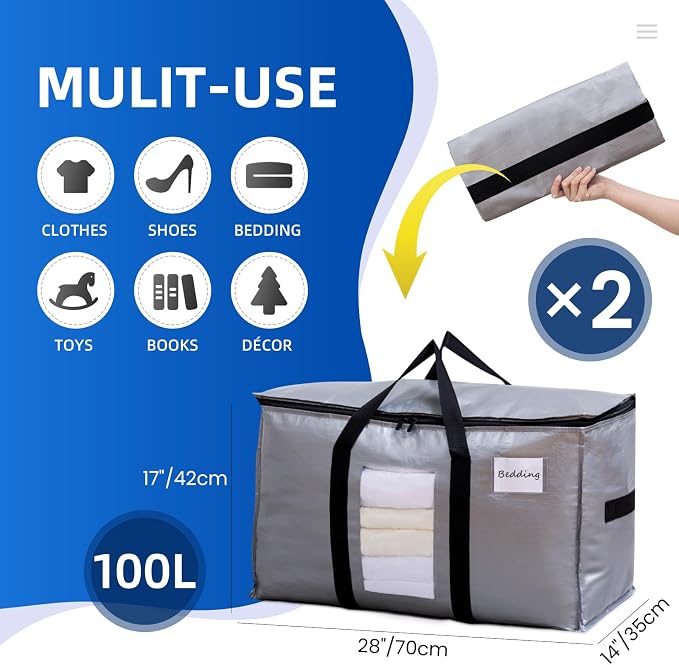 TAILI 2 Pack Silver Extra Large Moving Bags,Storage Bag with Visible Window | 93L Heavy Duty Totes For Storage,Wrap Around Handles,Alternative to Moving Boxes, College Dorm,Perfect for Moving - Image 2