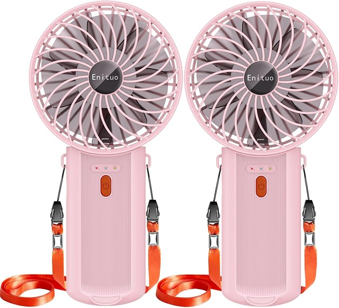 2 Pack Portable Handheld Fan, Mini Hand Held Fan, 6-15H Cooling Small Personal Fan, 180° Foldable Mini Desk Fan with 4 Quiet Speed, Neck Fan w/Lanyard for Kids Women Men Travel Outdoor Office, Pink by Enituo