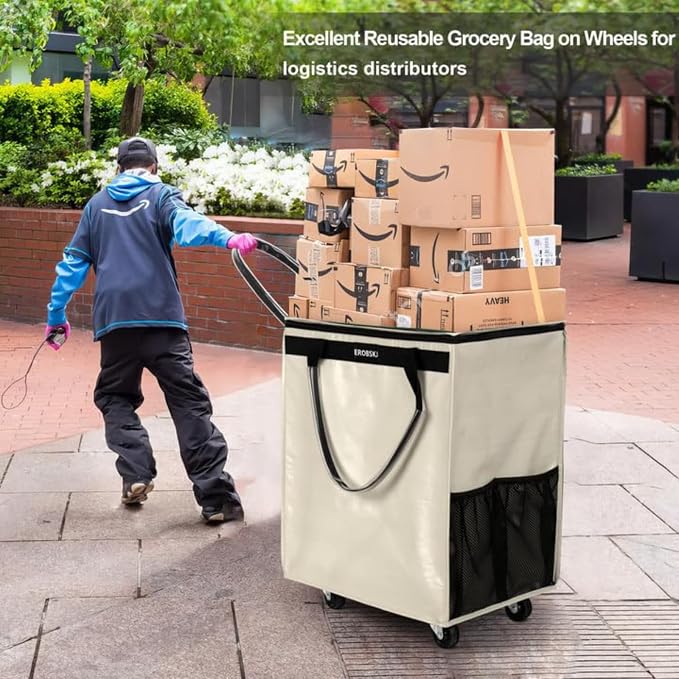 (Medium,Beige) Reusable Grocery Bag on Wheels, Foldable Rolling Tote, Carries Up to 66 lbs Shopping Trolley, Zipper Clouser Shopping Carts for Trips, Laundry, 4 Heavy Duty Wheels and 3 Handles - Image 2