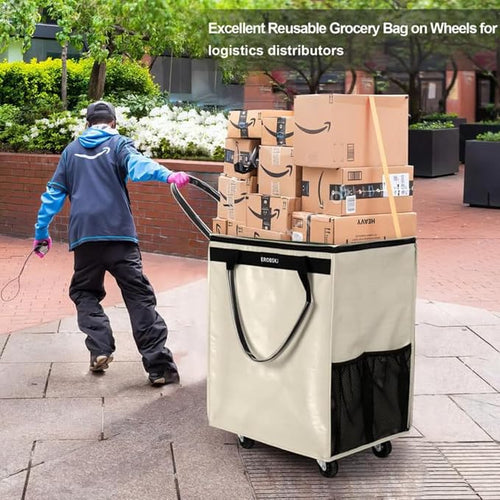 (Medium,Beige) Reusable Grocery Bag on Wheels, Foldable Rolling Tote, Carries Up to 66 lbs Shopping Trolley, Zipper Clouser Shopping Carts for Trips, Laundry, 4 Heavy Duty Wheels and 3 Handles - Image 2