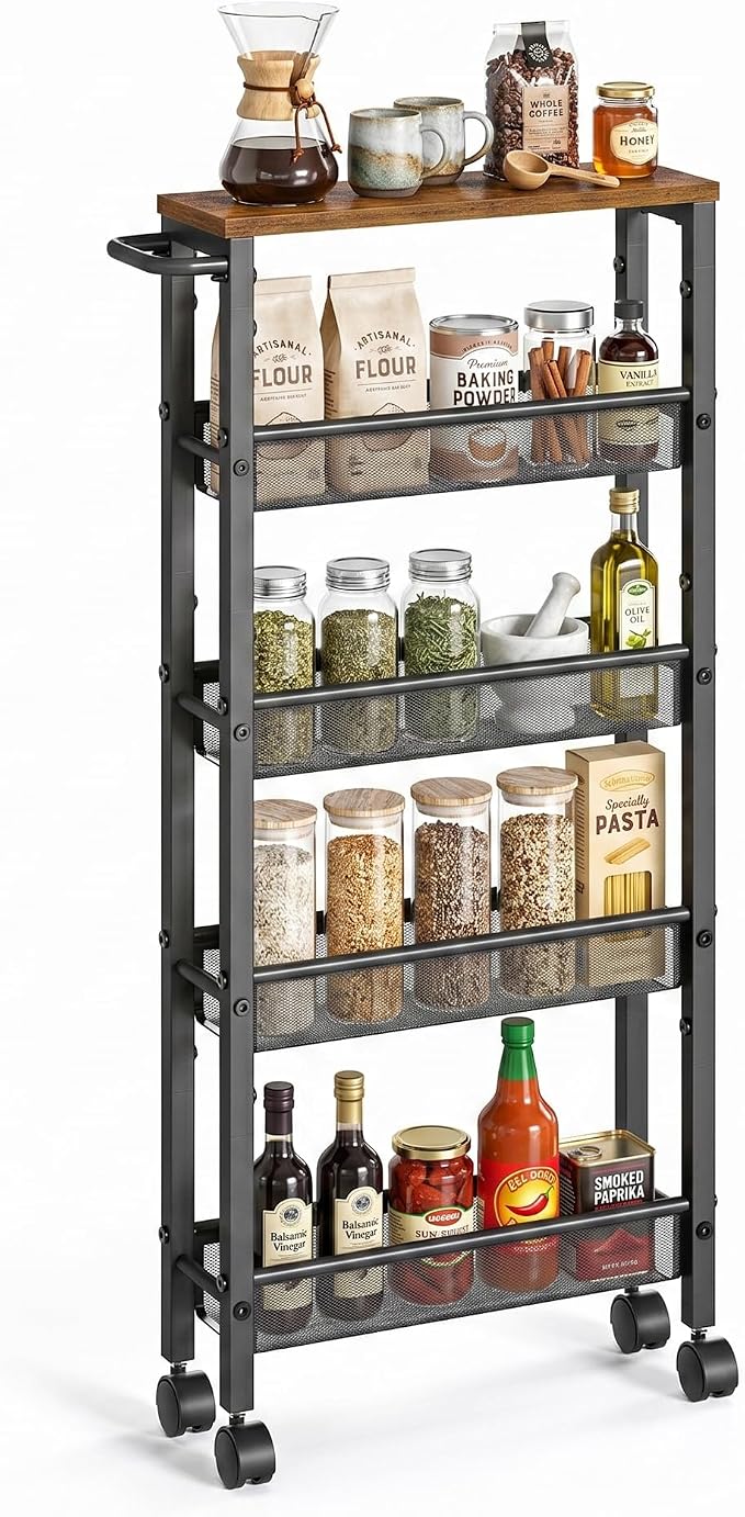 SONGMICS HOME Slim Rolling Cart, 5-Tier Storage Cart with Wheels and Handle, Narrow Utility Cart for Kitchen, Living Room, Brown and Black by SONGMICSHOME