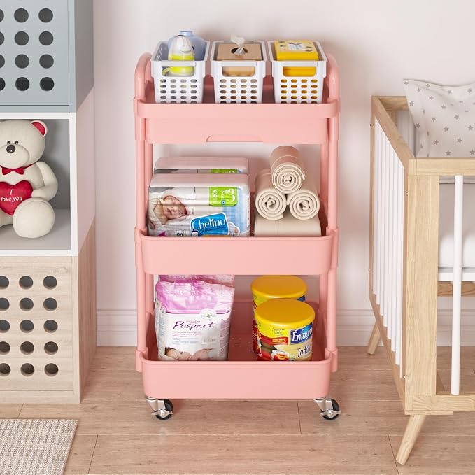 Calmootey 3-Tier Utility Cart with Drawer & Wheels, Storage for Home,Office | Space-Saving Organizer, Sturdy Plastic Shelves, Smooth-Rolling Metal Wheels, Built-in Drawer for Small Items, Pink - Image 3