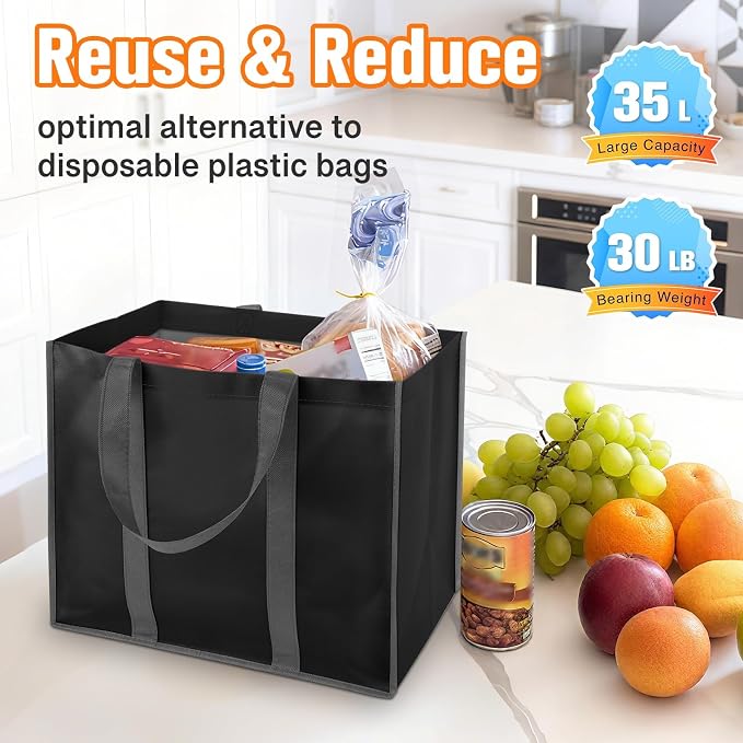 WISELIFE Reusable Grocery Bags, Foldable, Lasting Use, 35L, 4 Pack, Black | Large Shopping Bags with Reinforced Stitching, Water-Resistant Grocery Totes for Kitchen, Market, Car Trunk, Picnic - Image 4