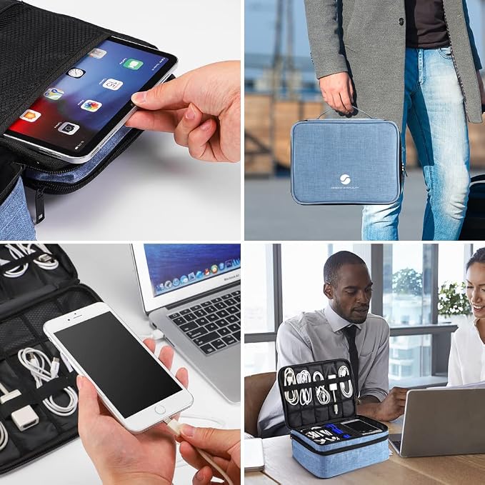 Travel Electronics Organizer, Waterproof Cable Organizer Bag for Electronic Accessories Double Layer Large Shockproof Cable Storage Bag for Cord, Power Bank, Tablet(Up to iPad 11 inch) - Denim blue - Image 6