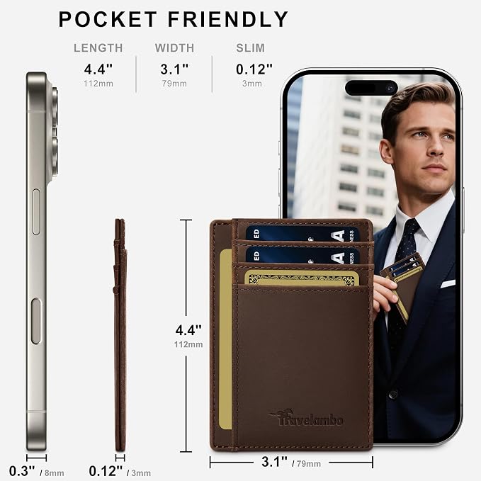 Travelambo 100% Genuine Leather Wallet for Men and Women, Slim Minimalist RFID Blocking Front Pocket Credit Card Holder with Gift Box - Image 5
