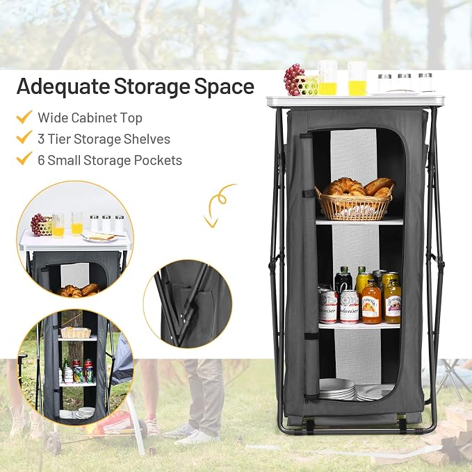 GIANTEX Folding Camping Storage Cabinet with 3 Shelves and Carry Bag, Portable Outdoor Organizer Kitchen Table, Quick Set-up for BBQ, Picnic, Backyard, Compact Pop-Up Cupboard, 47''H - Image 5