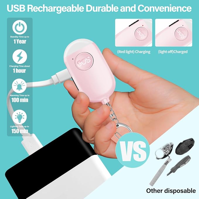 Hion Personal Safety Alarm for Women, Rechargeable 130dB Self Defense Alarm Keychain with LED Flashlight, Emergency Safe Sound Security for Children Elderly College Girls Men, Pink - Image 5