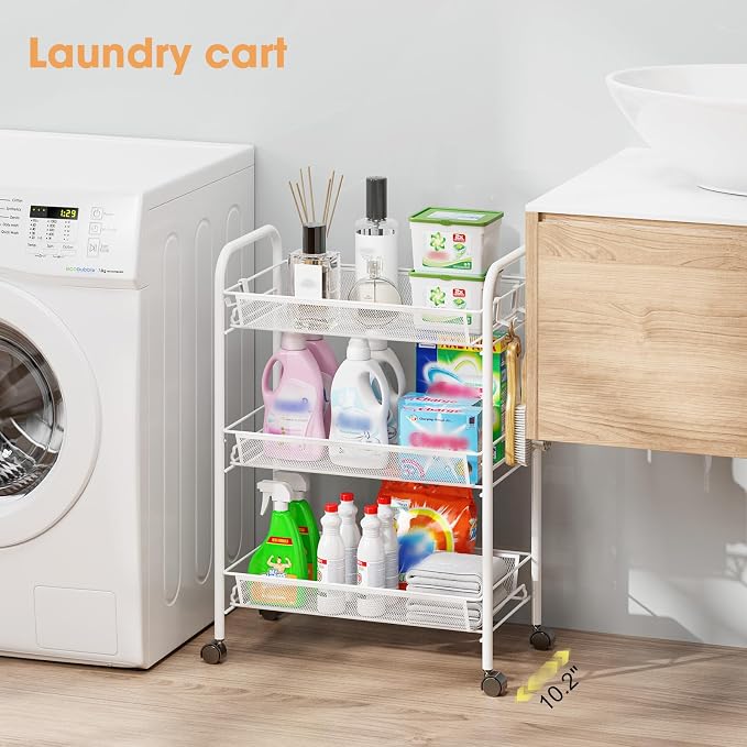 TOOLF 3 Tier Rolling Cart, Metal Utility Storage Cart with Wheels, White | 3 Hooks, Screwless Assembly, Trolley Organizer for Bathroom, Kitchen, Office, Nursery, Dorm, Laundry Room - Image 7