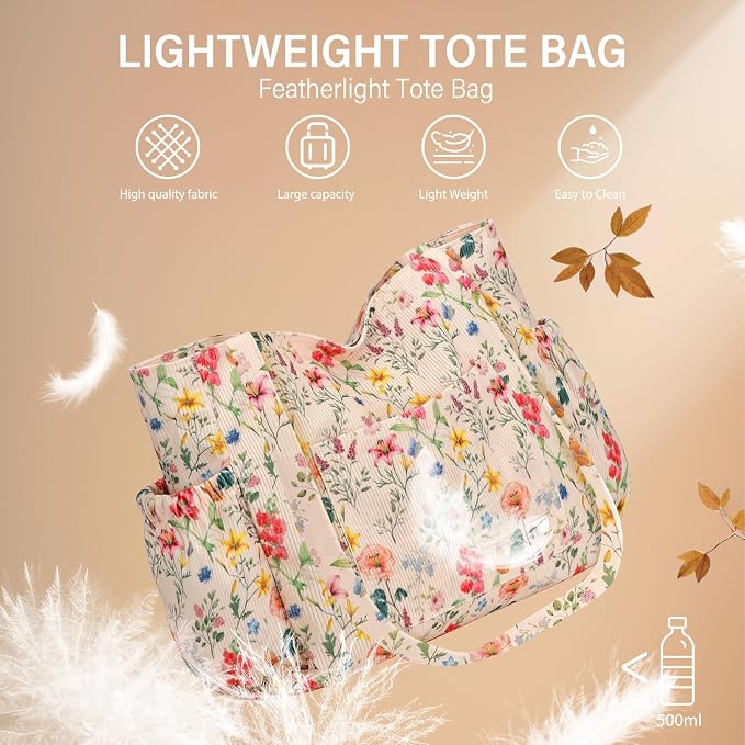 Corduroy Tote Bag for Women,Large Capacity Cute Tote Bags With 6 Pockets,Crossbody Shoulder Handbag for Work Travel Gym - Image 8
