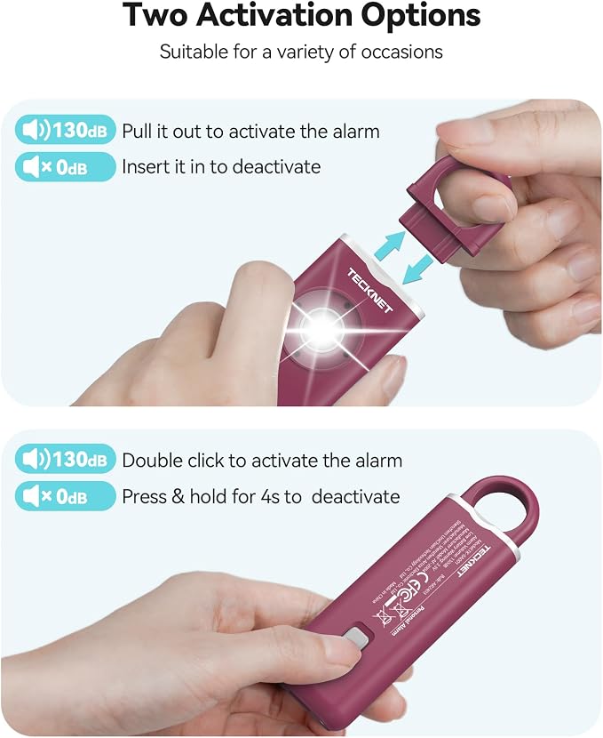 TECKNET Rechargeable Personal Safety Alarm for Women, 130dB Personal Alarm with SOS Strobe Light, Low Battery Notice, Loud Siren Safety Alarms for Girls Kids Elderly - Red - Image 3