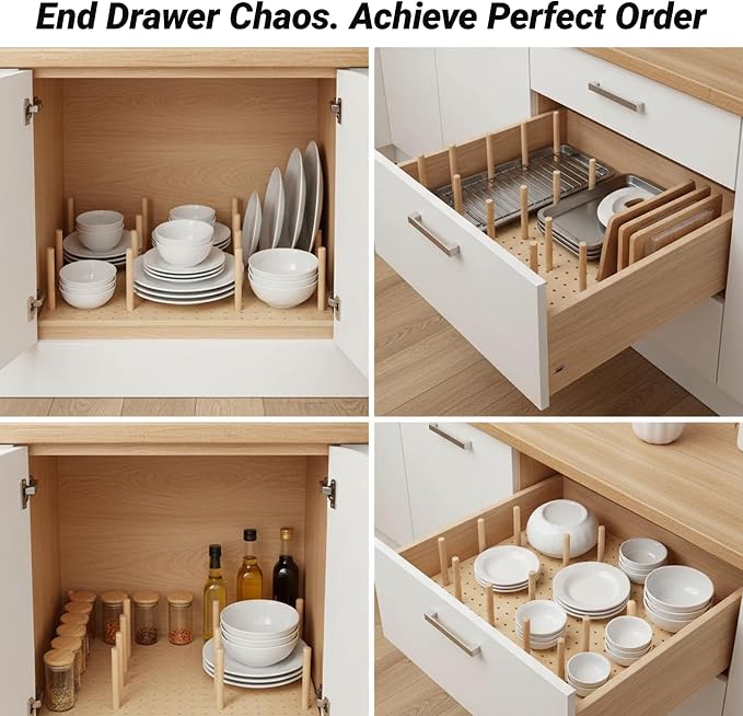 Wooden Pegboard Drawer Organizer for Kitchen - 3 Pack Adjustable Drawer Organizer with 24 Pegs Wooden, Drawer Organizer Kitchen Utensils, Wood Drawer Organizers for Kitchen Countertops & Deep Drawe - Image 3