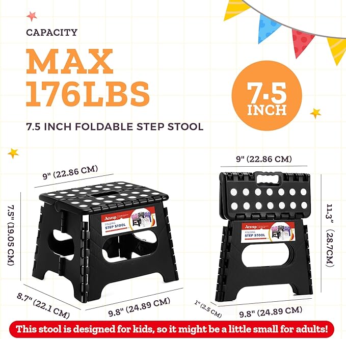 Collapsible Step Stool 7.5 Inch, Small Folding Stool, 176 lbs, Black | Lightweight Foldable Step Stool for Kids and Adults with Handle, for Kitchen, Bathroom, Car, and Compact Home Storage - Image 4