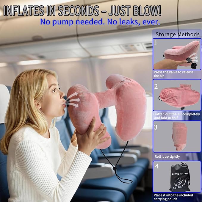 H-Shaped Travel Pillow with Snap-On Hood – Ergonomic Neck Support with Plush Velvet Cover, Instant Inflation & Compact Bag – for Airplane, Car, Office & Long Trips (Pink) - Image 3