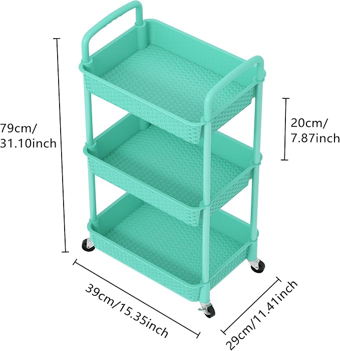 MOYIPIN 3-Tier Plastic Rolling Utility Cart with Handle,Turquoise | Utility Storage Cart for Office, Living Room, Kitchen,Movable Storage Organizer，Easy installation，Rattan-like art design - Image 2
