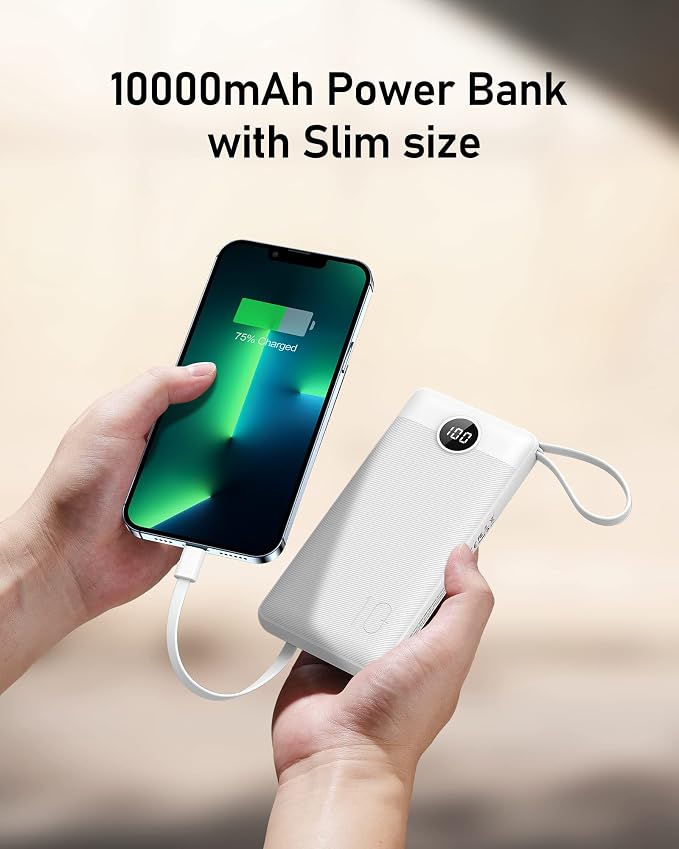 VEEKTOMX 10000mAh Portable Charger with 4 Built-in Cables | Slim Power Bank, USB-C Battery Pack with iPhone & Micro USB, TSA Approved Travel Charger for iPhone, Samsung, Android, White - Image 7