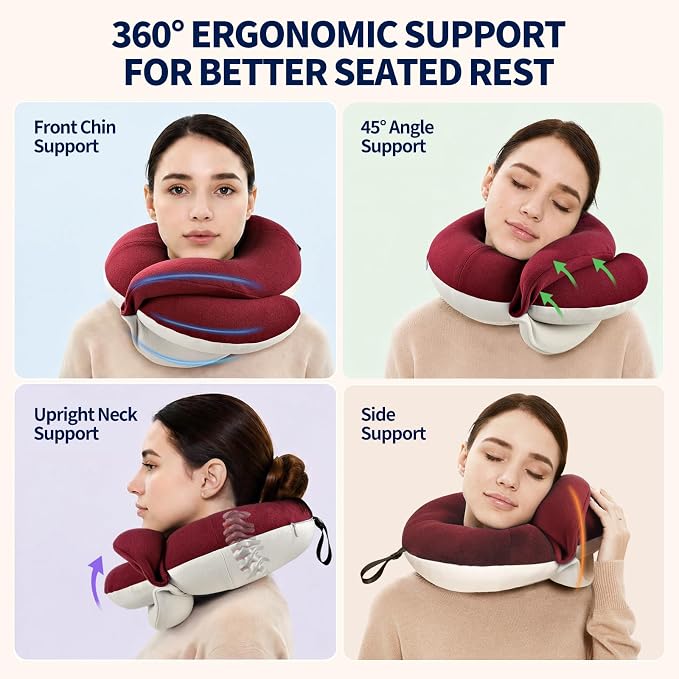 Travel Neck Pillows for Airplanes, Memory Foam 360° Head Support Sleep for Long Flight, Skin-Friendly & Breathable, Kit with Eye Mask, Earplugs and Storage Bag (Adult, Red, 90+ lbs) - Image 2