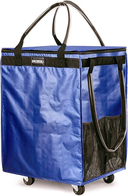 (Medium, Navy) Reusable Grocery Bag on Wheels, 70L Foldable Rolling Tote, Extra Storage for Shopping, Zipper Clouser Shopping Carts for Groceries, Laundry, Organization, Moving,4 Heavy Duty Wheels | Bag on Wheels by EROBSKJ
