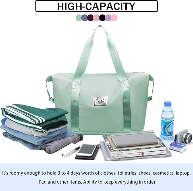 INVODA Travel Duffel Bag For Women and Men Waterproof Expandable Weekender Overnight Carry On Tote Bag Dry Wet Separation Swim Sports Gym Bag (Green) - Image 8