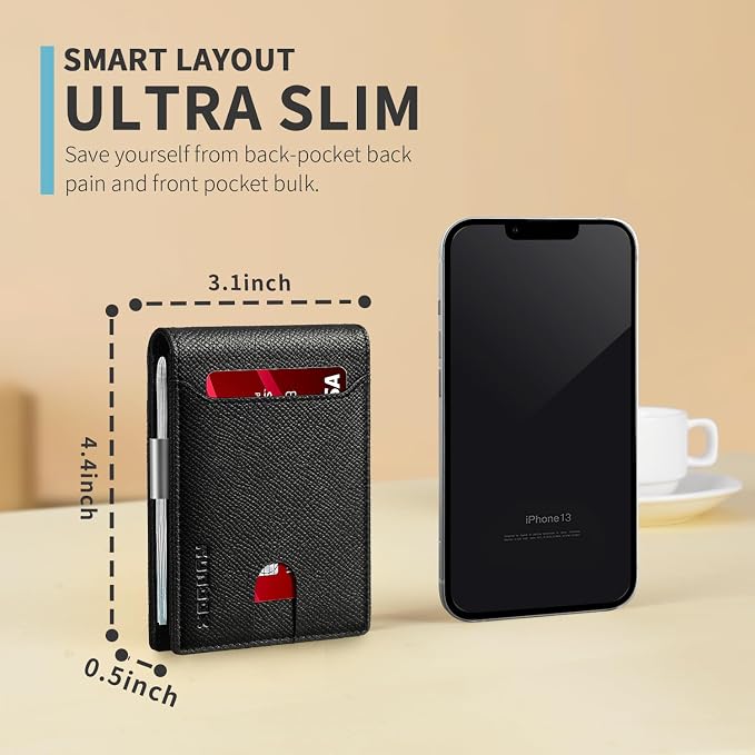 RUNBOX Slim Wallet for Men - RFID Blocking Leather Bifold with Money Clip | Minimalist Front Pocket Wallet Holds 11 Cards,Slim Thin Design,RFID Blocking Protection, Practical Birthday Gifts for Men - Image 3