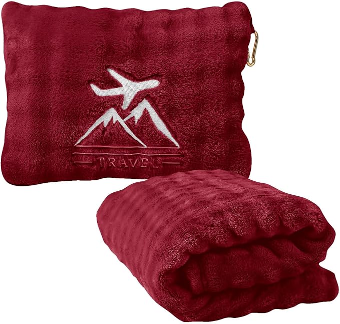 Travel Blanket and Pillow-2-in-1, Ultra-Soft&Compact, One-Piece Airplane Blanket with Hand Luggage Belt and Backpack Clip,Travelers Accessories Gifts, 61x43 Inches（Burgundy） by Unknown