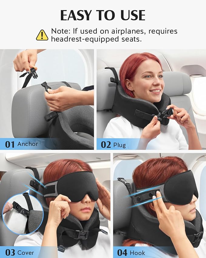 YFONG Travel Pillow with Head Support & Sleep Mask for Long Flights, Black | Patented 360° Support System, Prevents Bobbing, Airplane Head Strap, 3D Eye Mask, Memory Foam Neck Pillow, Travel Essential - Image 6