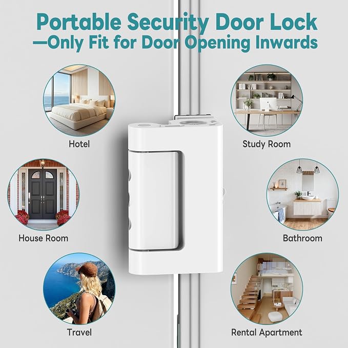 Upgraded Portable Security Door Reinforcement Lock - No Drilling Flip Lock Latch Prevents Unauthorized Entry Fits Inward-Opening Doors, Apartment, Hotel, Travel (White-2 Pcs) - Image 8