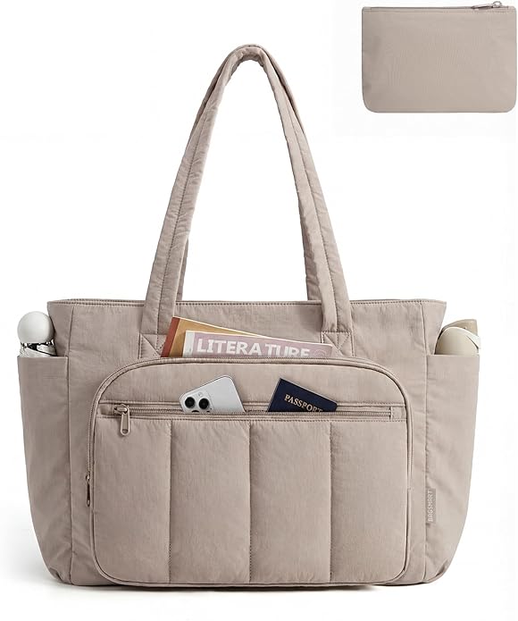 BAGSMART Tote Bag for Women, 2 Set Work Tote Bag with Zipper | 20L Capacity, 15.6'' Laptop Quilted Nurse Handbags for Work Travel College by BAGSMART