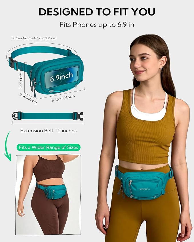 WATERFLY Small RFID Fanny Pack: 1.5L Waist Bag 12" Extender Belt for Hiking | Anti-Theft, Slim Lightweight Water-Resistant Fabric, Reflective Strip, Breathable Padding, Running Travel Walking, Women Men - Image 4