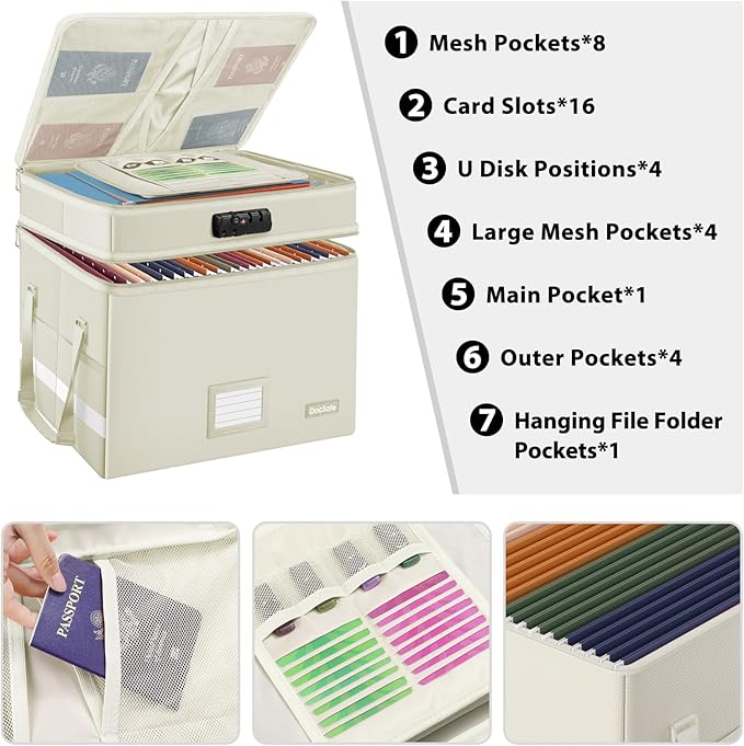 DocSafe File Box with Lock,Multi-Layer Fireproof Document Box Collapsible File Storage Organizer with Pockets/Handle,Large Portable Home Office Filing Box for Hanging Letter/Legal Size Folders,Beige - Image 2