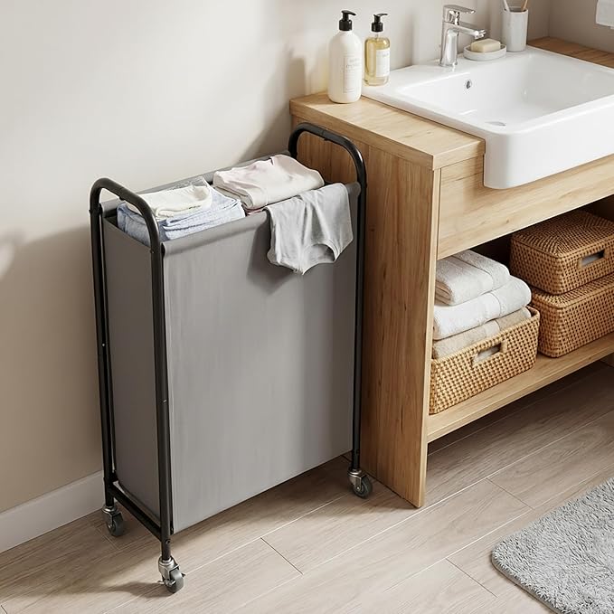 GRANNY SAYS Laundry Hamper, Slim Basket with Wheels and Handles, Grey, 80L | Heavy Duty Metal Frame, Silent Rolling Cart for Clothes in Bedroom, Bathroom, Dorm - Image 7