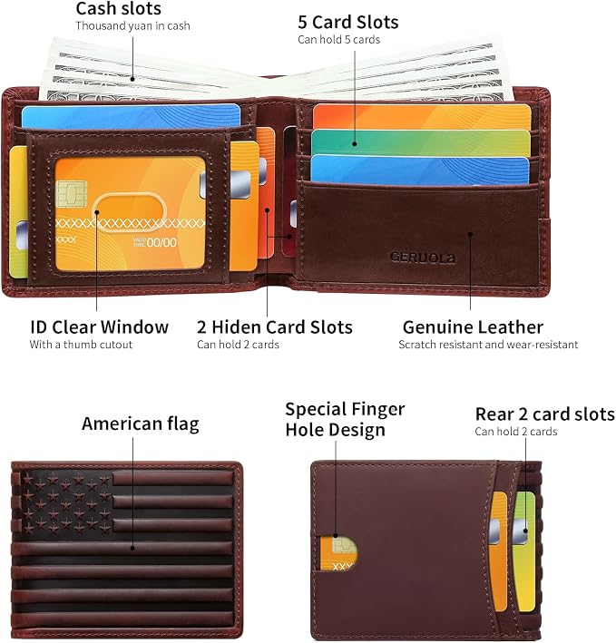 Wallet for Men-Genuine Leather RFID Blocking Bifold Stylish Wallet American Flag Wallet With 1 ID Window (Red, Without ID Window) - Image 2