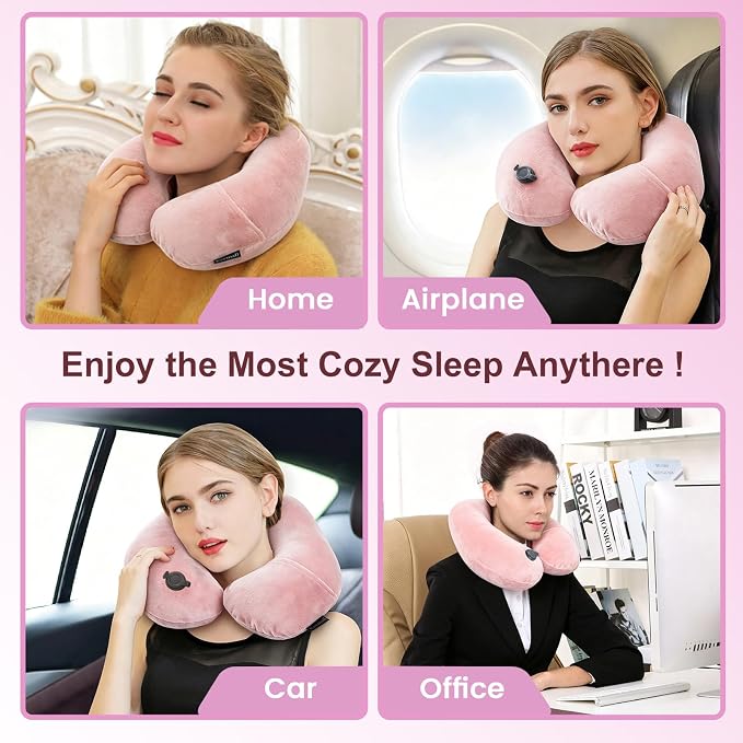Keemall Inflatable Travel Neck Pillow for Airplane to Relieve Neck Pain | U-Shaped with Soft Washable Cover,Ergonomic Cervical Support for Flights, Car, Home, Camping&Office Naps, Gift for Women,Pink - Image 7