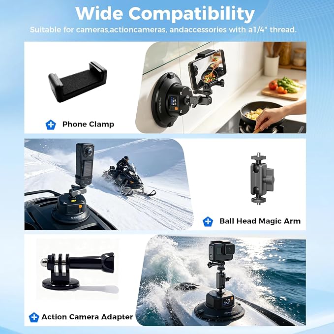 4.5" Electric Vacuum Suction Cup Camera Mount, 1/4" Thread Heavy-Duty Car Windshield Mount with Ball Head, 110LB Load for GoPro, Action Camera, Phone & DSLR Vlogging - Image 2