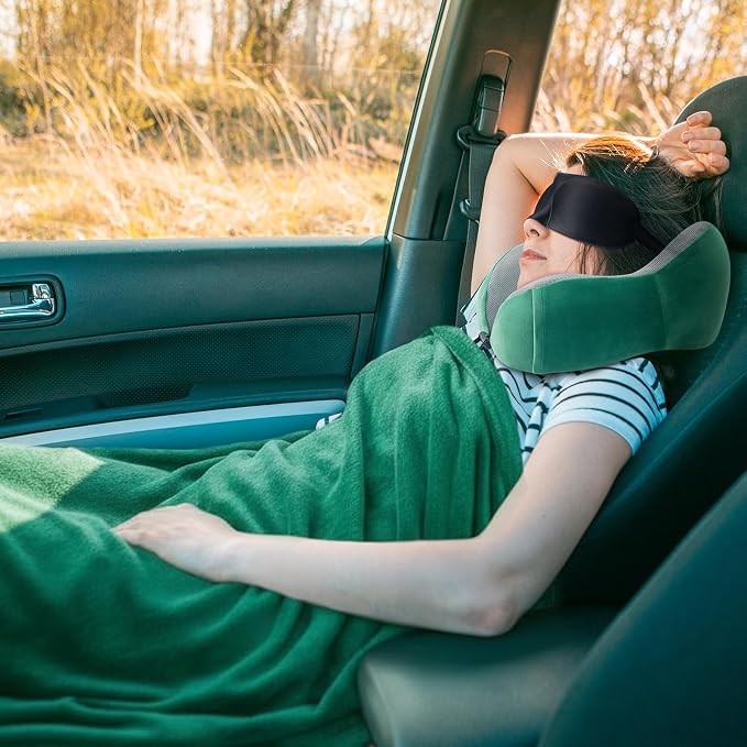 urnexttour Travel Pillow and Blanket Set Neck Pillow Airplane Foam Green | 43x60 Inch Plane Blanket, Traveling Compact Storage Bag, Eye Mask, and Earplugs for Ultimate Flight Comfort, Women and Men - Image 6