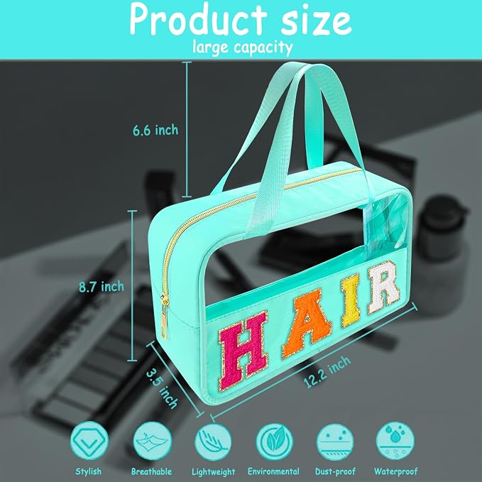 Bunliuys Chenille Letter Clear Makeup Bag Hair Patch, Travel Toiletry Makeup Bag with Handle, Nylon Waterproof Makeup Bags clear cosmetic bag, preppy patch makeup bag for Women (HAIR-Mint Green) - Image 2