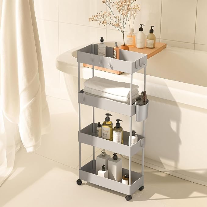 Pipishell 4 Tier Slim Storage Cart with Wheels, Laundry Cart, Gray | 7.1 Inches Wide – Fits Narrow Spaces, Storage Cup and 6 Hooks, Ventilation Holes, Durable ABS Material, Detachable Wheels - Image 9