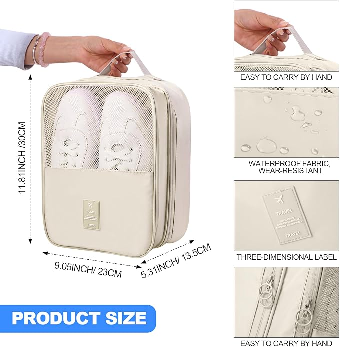 Windyun 2 Pcs Shoe Bags for Travel Holds 3 Pair of Shoes Travel Shoe Bag for Packing Portable Shoe Cubes for Travel and Daily Use(Beige, Gray) - Image 2