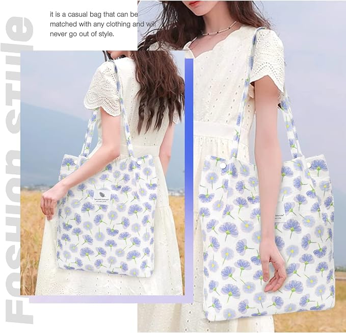 LHMTQVK Corduroy Tote Bags for Women, Large Capacity Tote Purse Reusable Grocery Shoulder Bag with Inner Pockets - Image 5
