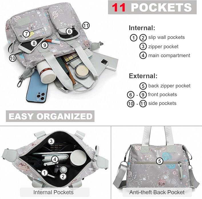 Tote Bag for Women,Multi Pockets Shoulder Handbag,Nurse Bag for Work,Large Cross body Purse,Fashion Nylon Top Handle Satchel - Image 7
