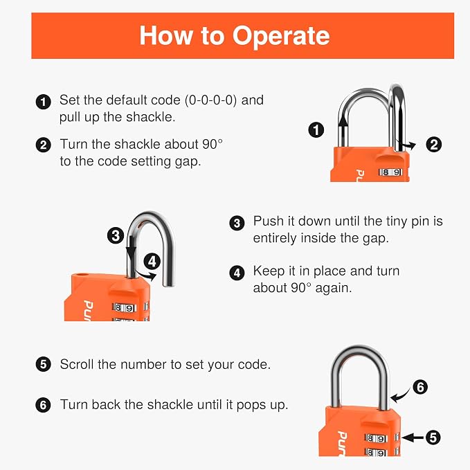 Puroma 1 Pack Combination Lock Locker 4 Digits Combo Padlock Gym Orange | For School Gate Fence Toolbox Hasp Storage, Outdoor, Resettable, Weatherproof, Side Window, Crack Cut Resist, Hardened Steel - Image 6