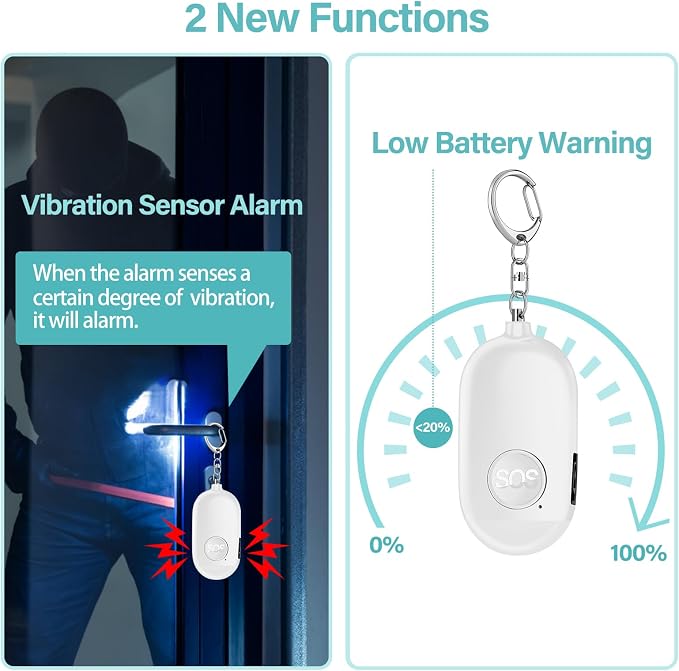 Hion Personal Safety Alarm for Women, 2 Pack Rechargeable 130dB Self Defense Alarm Keychain with LED Flashlight, Emergency Safe Sound Security for Children Elderly College Girls, Black+White - Image 3