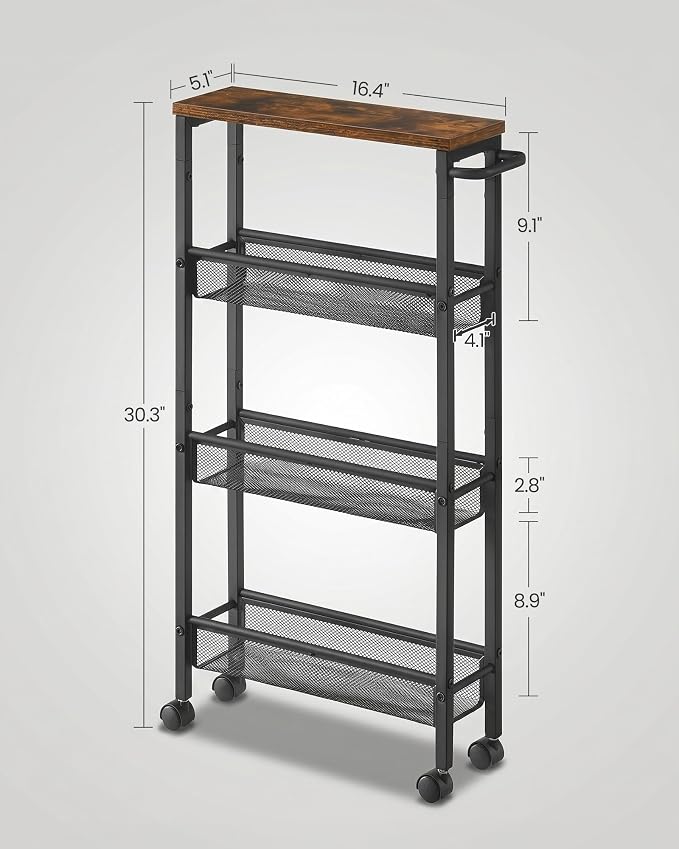 SONGMICS HOME Slim Rolling Cart, 4-Tier Storage Cart with Wheels and Handle, Narrow Utility Cart for Kitchen, Living Room, Brown and Black - Image 6