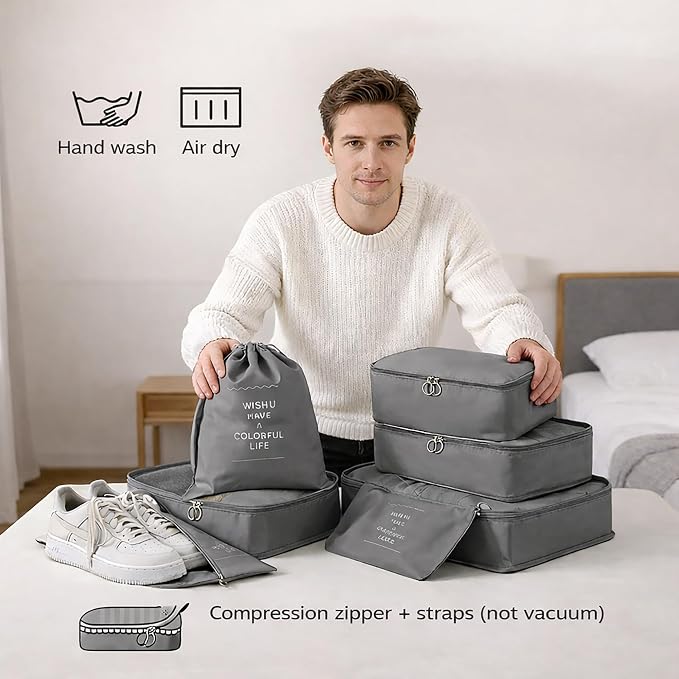 7 Set Packing Cubes For Travel | Luggage Organizer Bags With Shoe, Laundry Bag, Accessory Pouch And Lingerie Bag | Durable And Space Saving Suitcase Organizer For Travel Essentials | Grey - Image 7