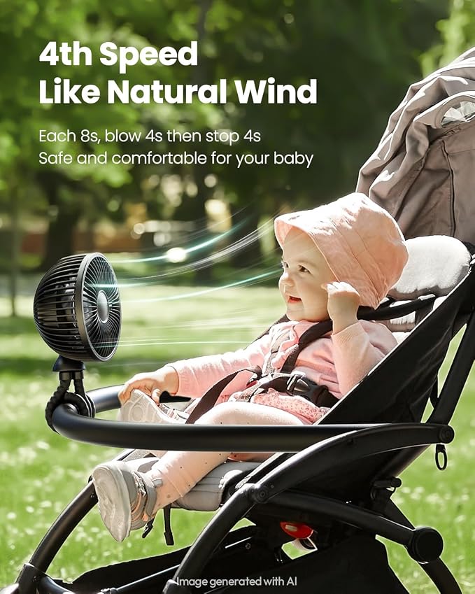 Gaiatop Oscillating Baby Stroller Fan with LED Lights, Rechargeable Black | 4-Speed Quiet Cooling, 4.6 In, Battery Operated, 360° Rotate Clip On Small Portable Fans for Car Seat Crib Treadmill Travel - Image 5