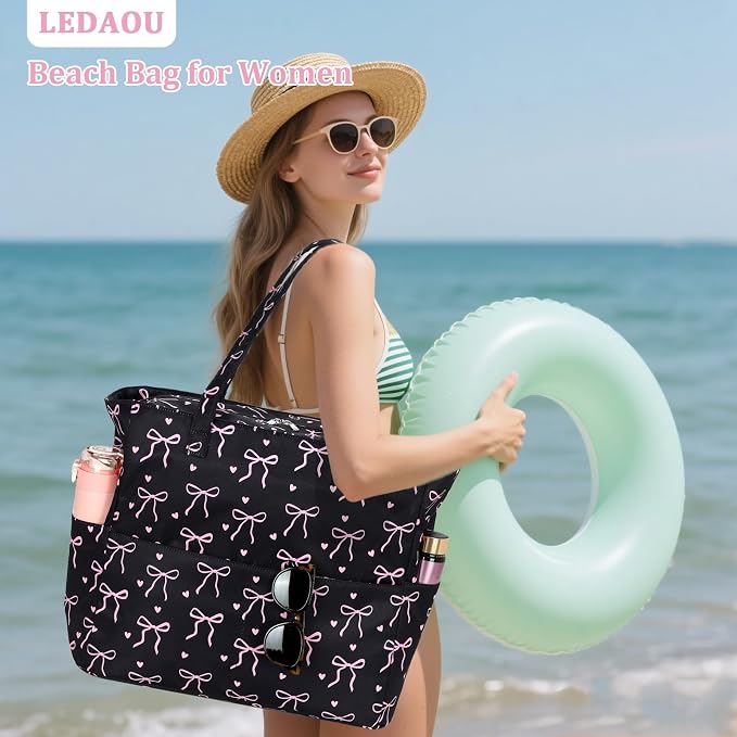 LEDAOU Large Beach Bag for Women, Waterproof Sandproof Tote Bag with Zipper | 36L Pool and Swim bag with Zipper, Wet/Dry pocket and 7 Pockets for Beach Days, Cruises, Vacations and Family travel - Image 2